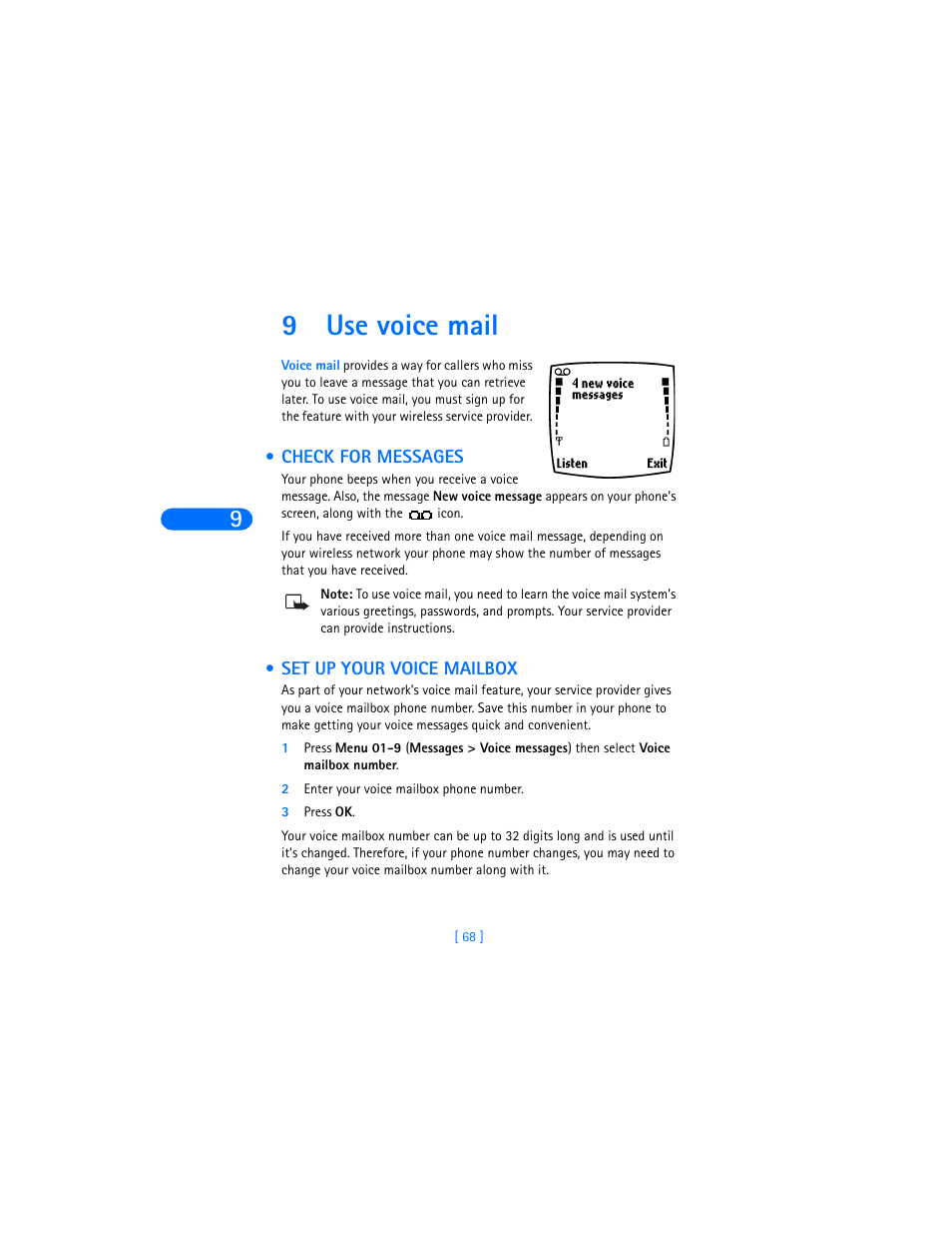 9 use voice mail, Check for messages, Set up your voice mailbox | 2 enter your voice mailbox phone number, 3 press ok, Use voice mail, Check for messages set up your voice mailbox, 9use voice mail | Nokia 6360 User Manual | Page 79 / 170