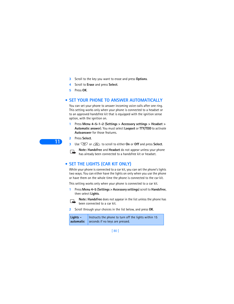 4 scroll to erase and press select, 5 press ok, Set your phone to answer automatically | 2 press select, Set the lights (car kit only) | Nokia 6360 User Manual | Page 91 / 170