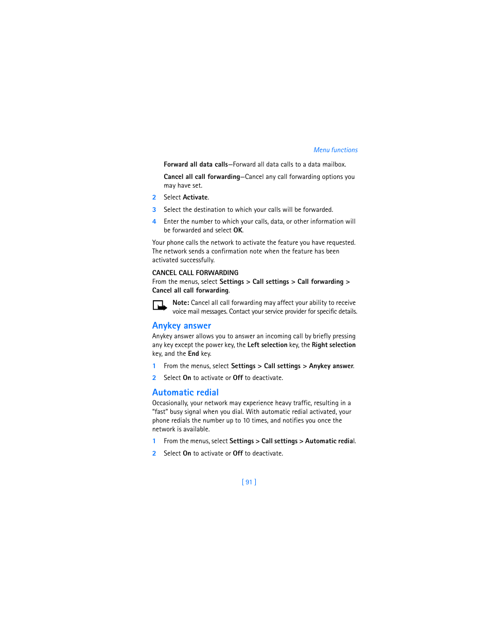 Anykey answer, Automatic redial | Nokia 7250i User Manual | Page 102 / 201