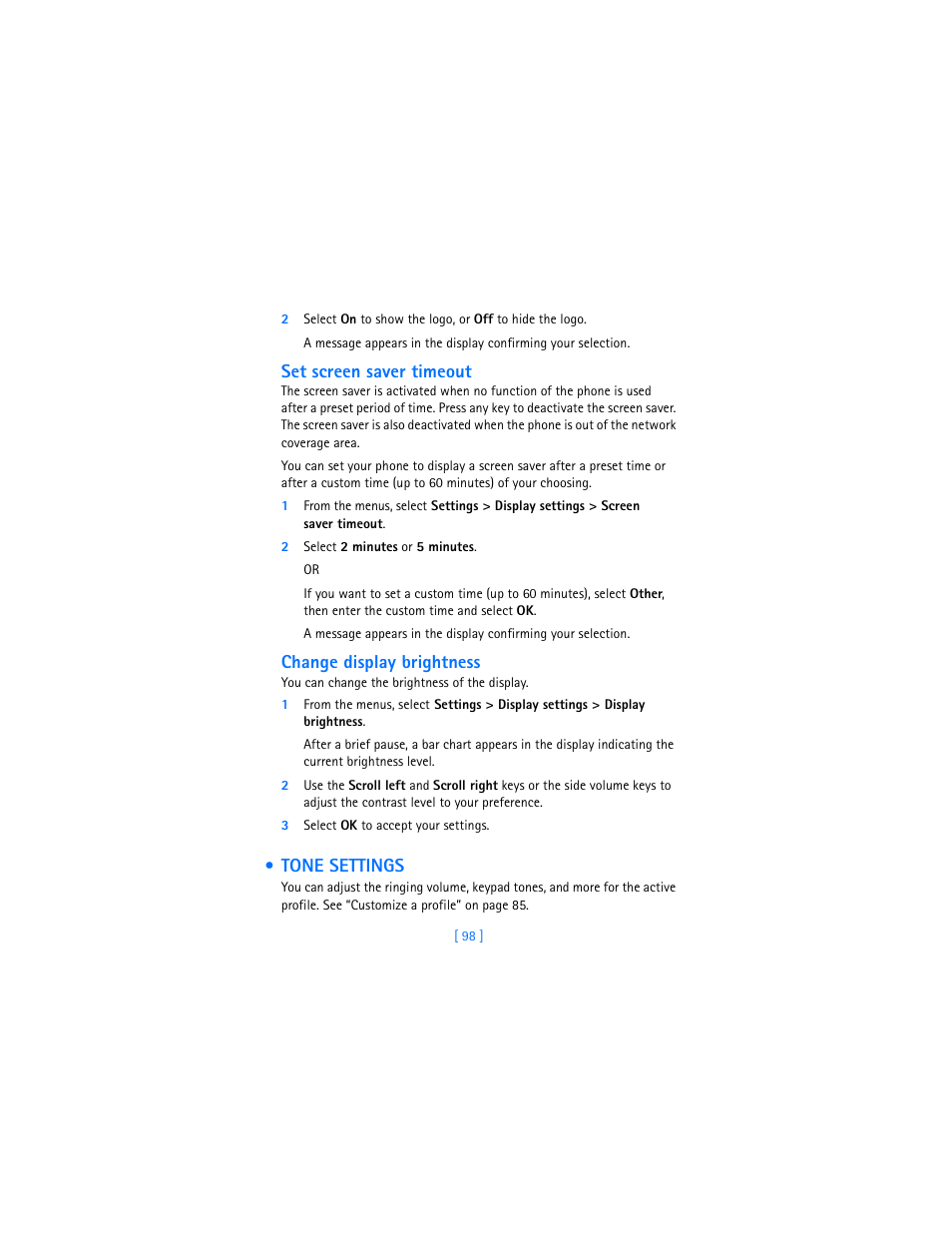 Tone settings, Set screen saver timeout, Change display brightness | Nokia 7250i User Manual | Page 109 / 201