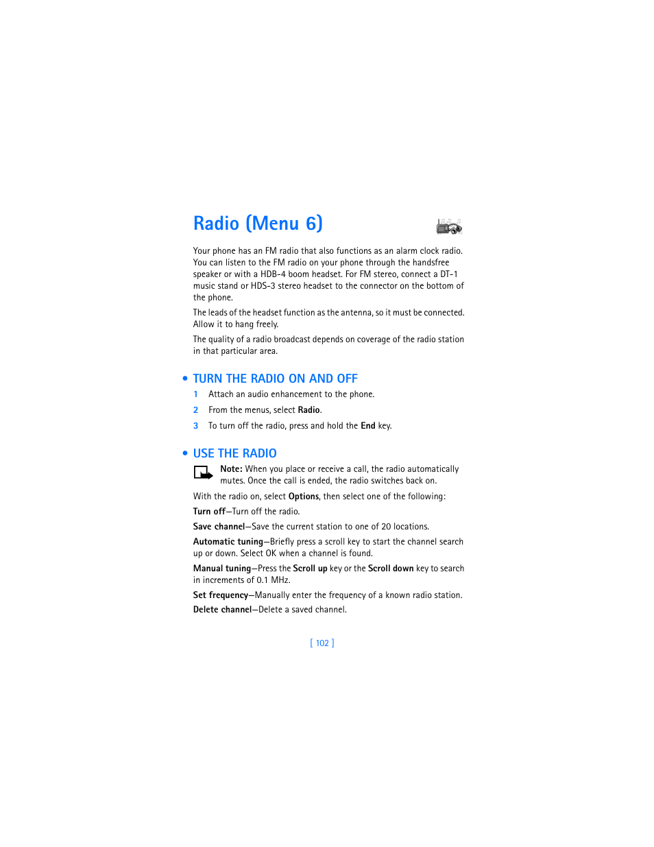 Radio (menu 6), Turn the radio on and off, Use the radio | Turn the radio on and off use the radio | Nokia 7250i User Manual | Page 113 / 201