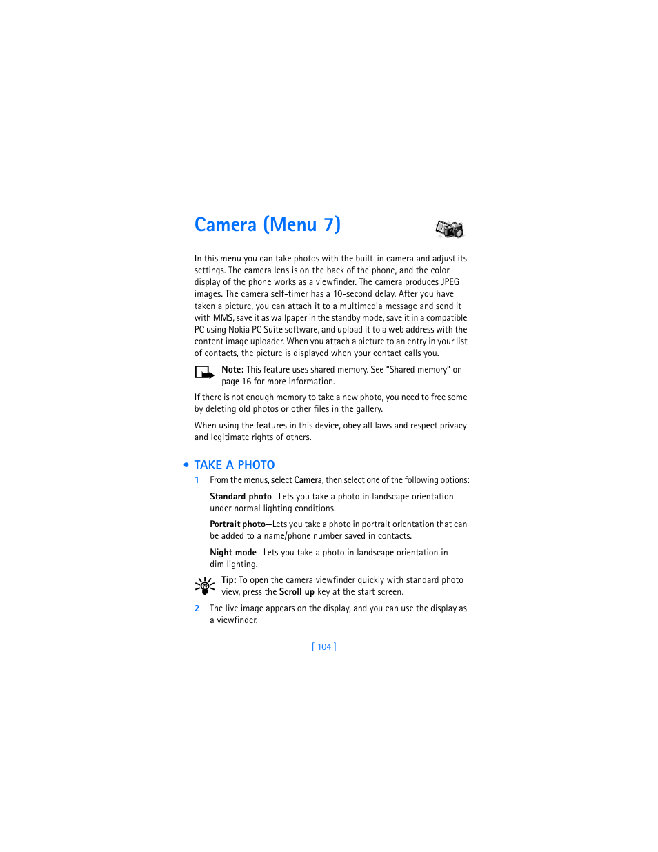 Camera (menu 7), Take a photo | Nokia 7250i User Manual | Page 115 / 201