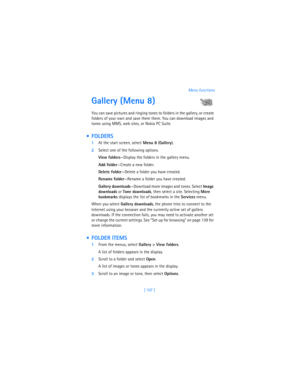 Gallery (menu 8), Folders, Folder items | Folders folder items | Nokia 7250i User Manual | Page 118 / 201