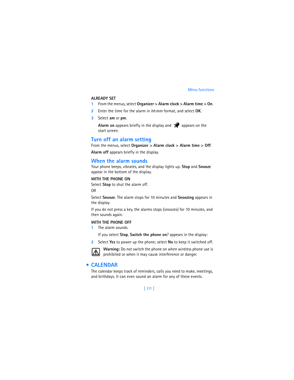 Calendar, Turn off an alarm setting, When the alarm sounds | Nokia 7250i User Manual | Page 122 / 201