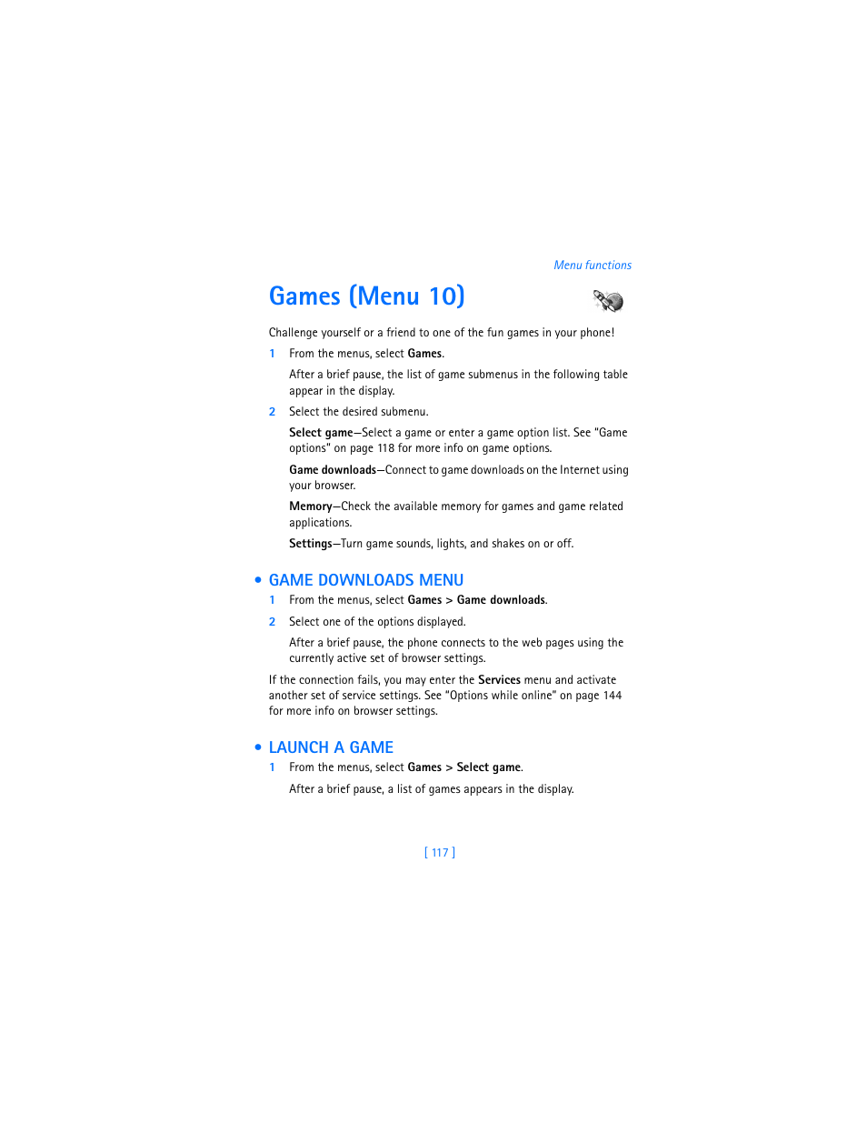 Games (menu 10), Game downloads menu, Launch a game | Game downloads menu launch a game | Nokia 7250i User Manual | Page 128 / 201