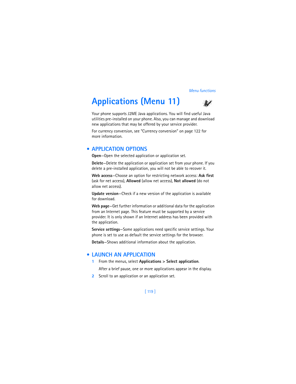 Applications (menu 11), Application options, Launch an application | Application options launch an application | Nokia 7250i User Manual | Page 130 / 201