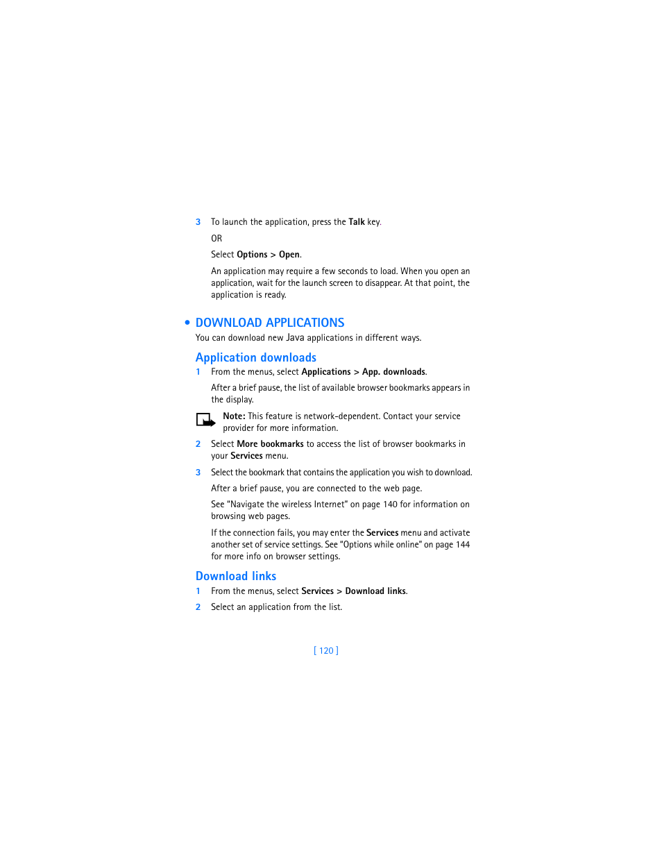 Download applications, Application downloads, Download links | Nokia 7250i User Manual | Page 131 / 201