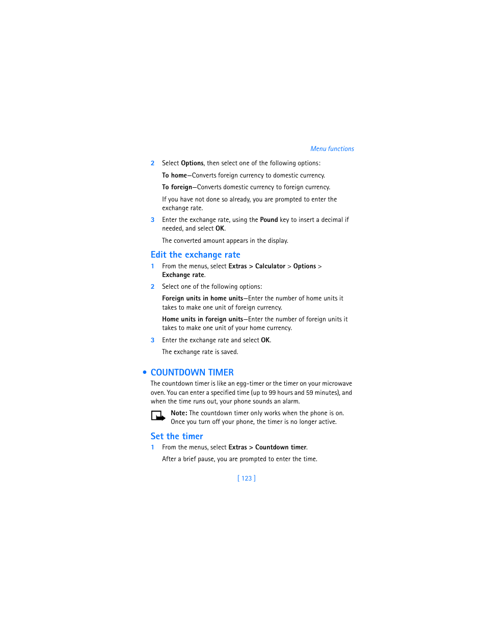 Countdown timer, Edit the exchange rate, Set the timer | Nokia 7250i User Manual | Page 134 / 201