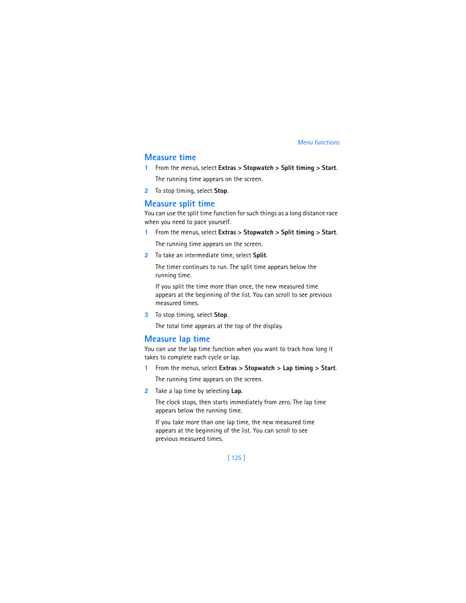 Measure time, Measure split time, Measure lap time | Nokia 7250i User Manual | Page 136 / 201