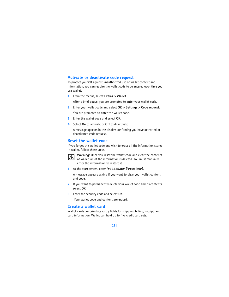 Activate or deactivate code request, Reset the wallet code, Create a wallet card | Nokia 7250i User Manual | Page 139 / 201