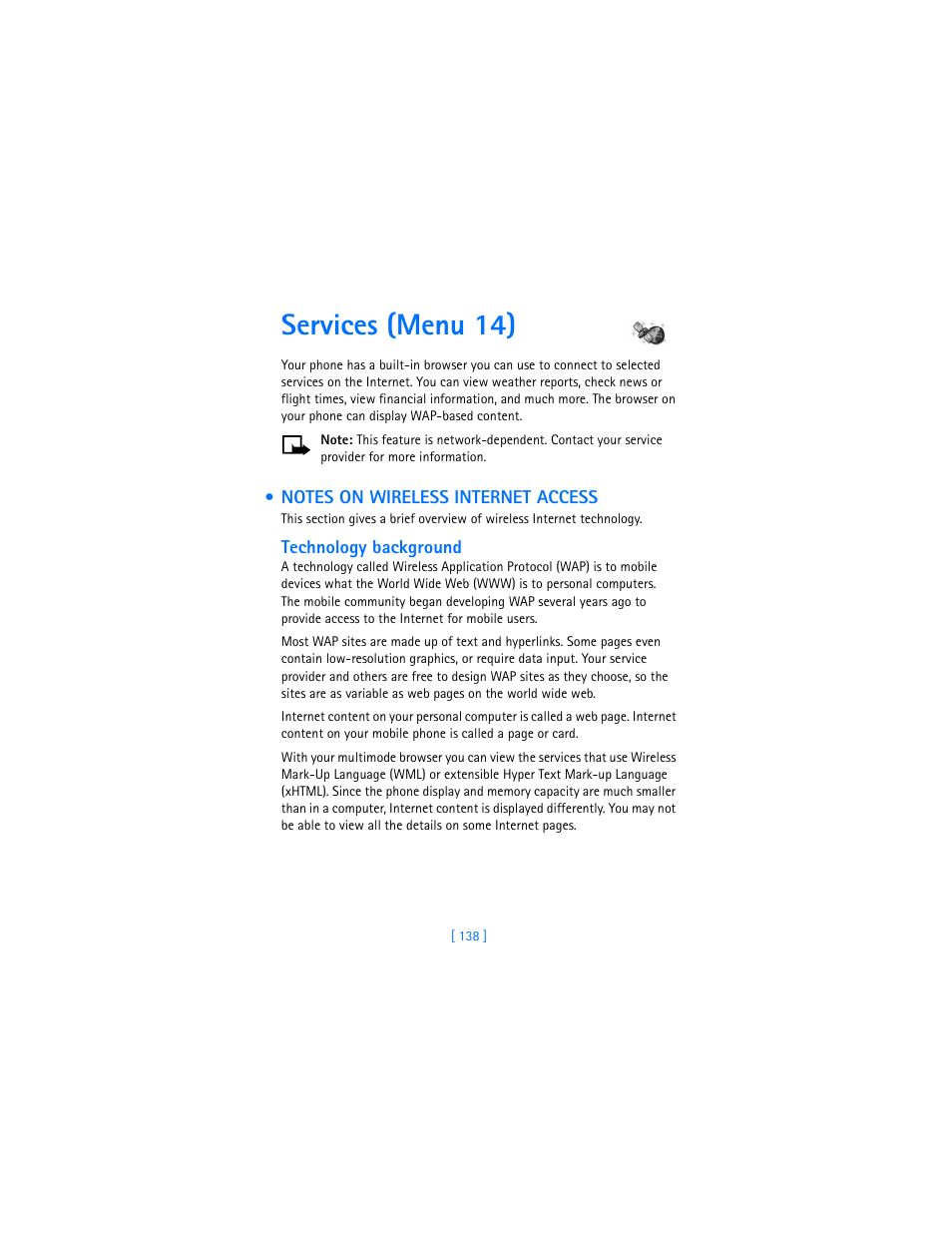 Services (menu 14), Notes on wireless internet access | Nokia 7250i User Manual | Page 149 / 201