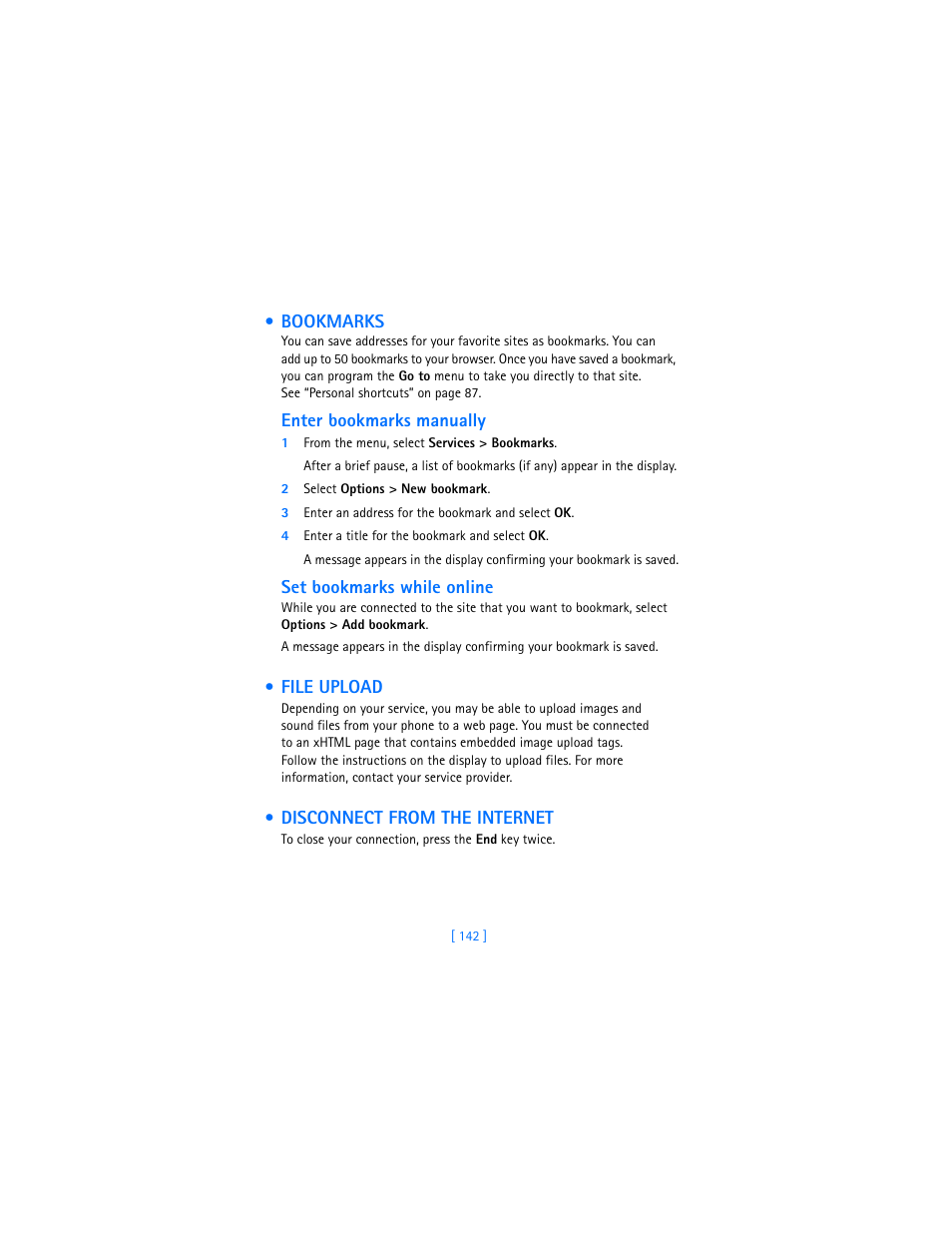 Bookmarks, File upload, Disconnect from the internet | Bookmarks file upload disconnect from the internet | Nokia 7250i User Manual | Page 153 / 201