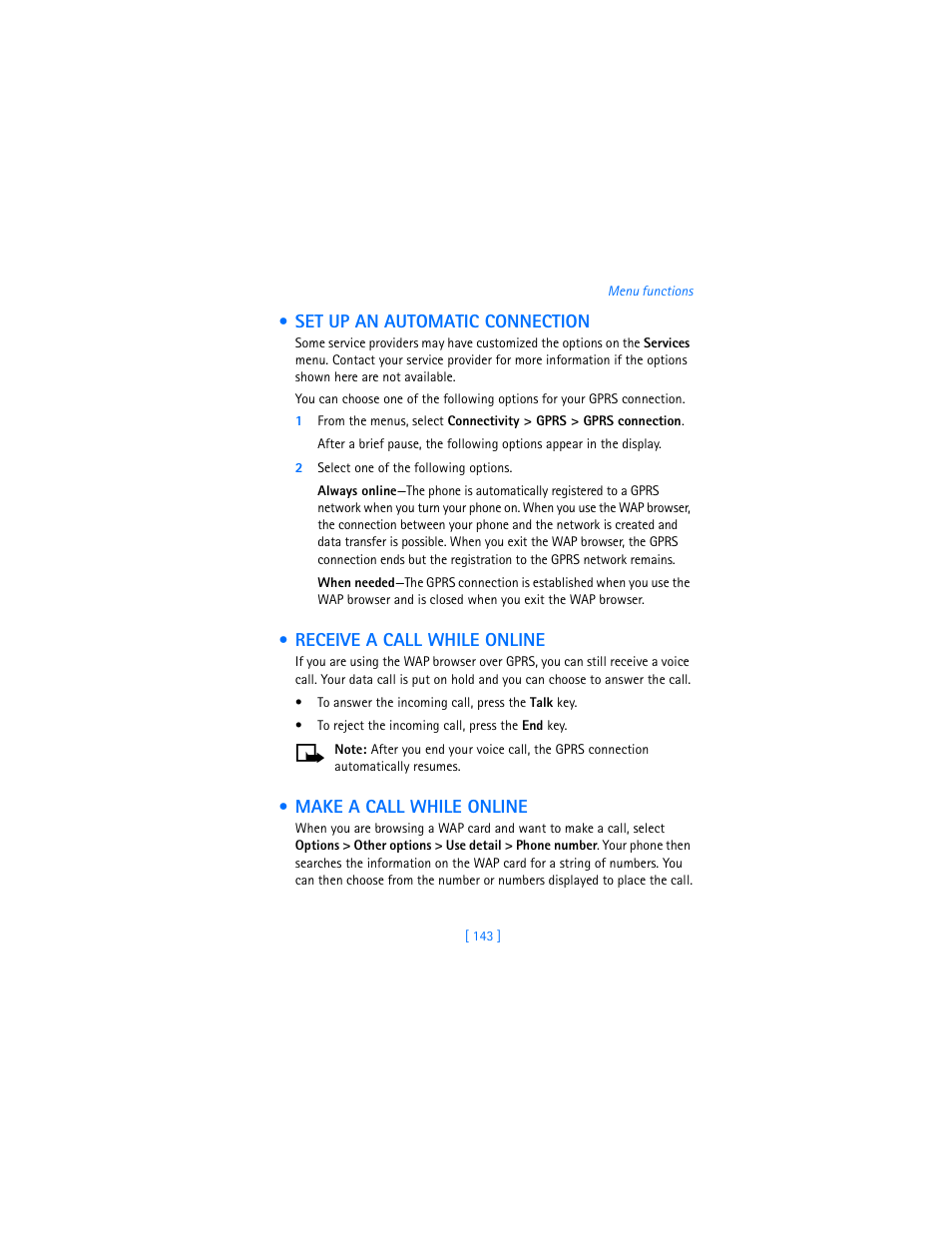 Set up an automatic connection, Receive a call while online, Make a call while online | Nokia 7250i User Manual | Page 154 / 201