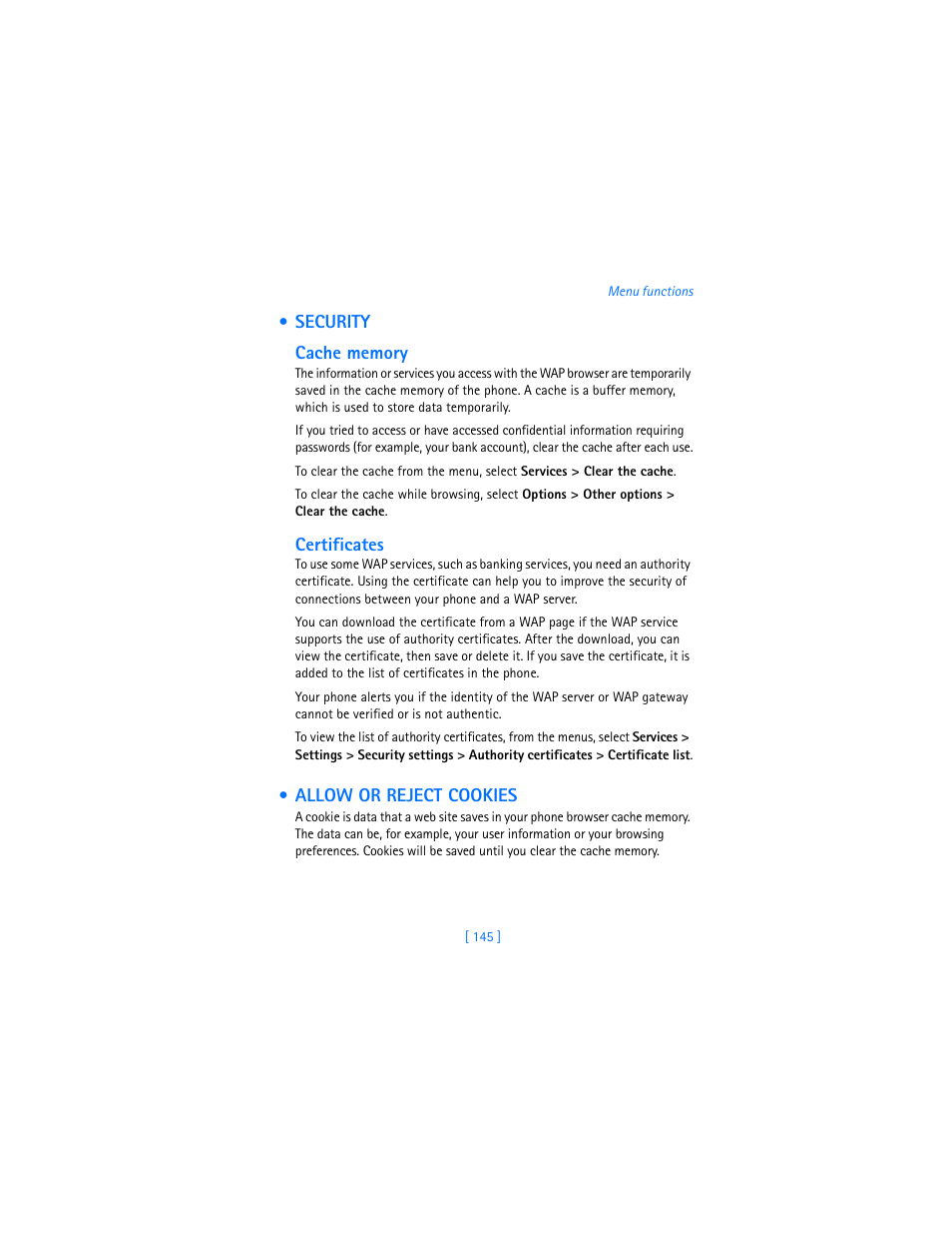 Security, Allow or reject cookies, Security allow or reject cookies | Nokia 7250i User Manual | Page 156 / 201