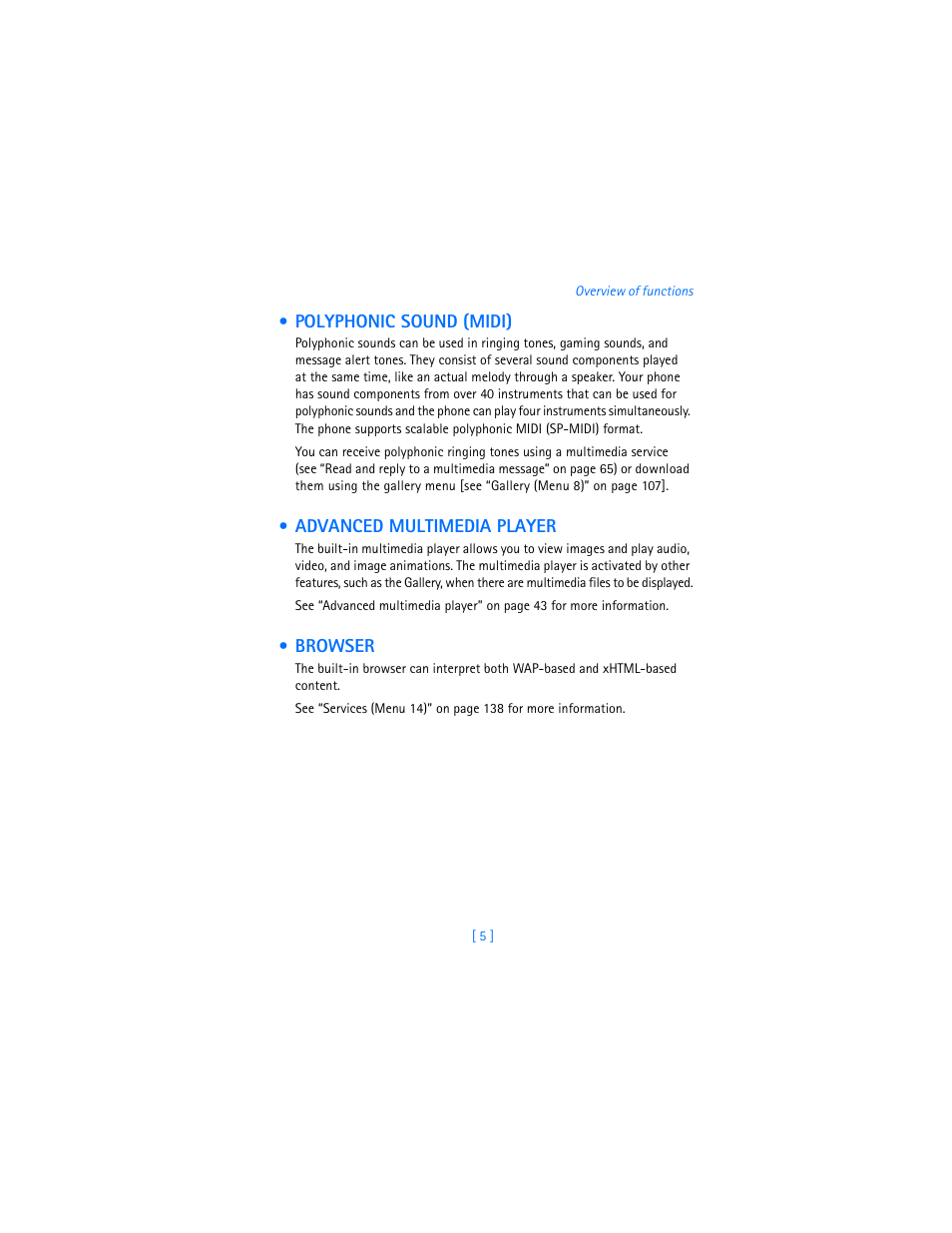 Polyphonic sound (midi), Advanced multimedia player, Browser | Nokia 7250i User Manual | Page 16 / 201