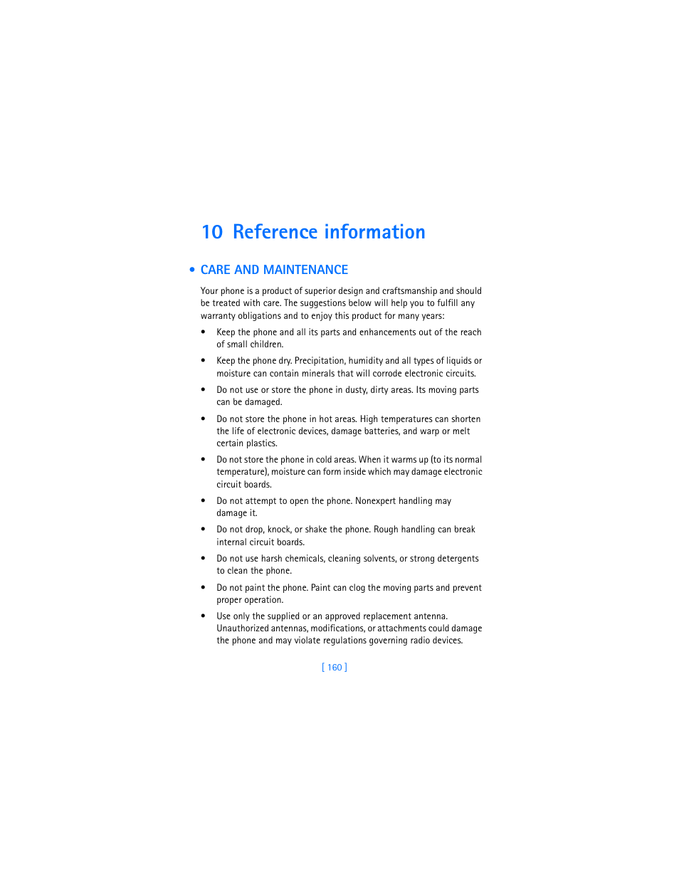 10 reference information, Care and maintenance | Nokia 7250i User Manual | Page 171 / 201