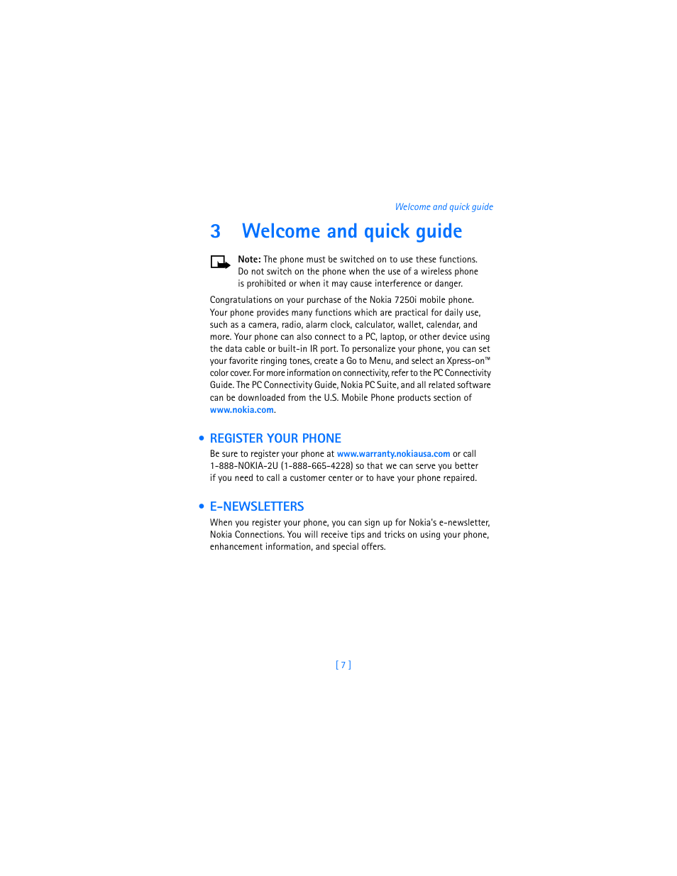 3 welcome and quick guide, Register your phone, E-newsletters | Welcome and quick guide, Register your phone e-newsletters, 3welcome and quick guide | Nokia 7250i User Manual | Page 18 / 201
