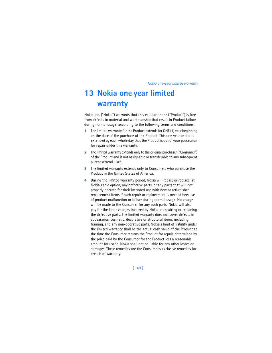 13 nokia one-year limited warranty, 13 nokia one, Year limited warranty | Nokia 7250i User Manual | Page 180 / 201