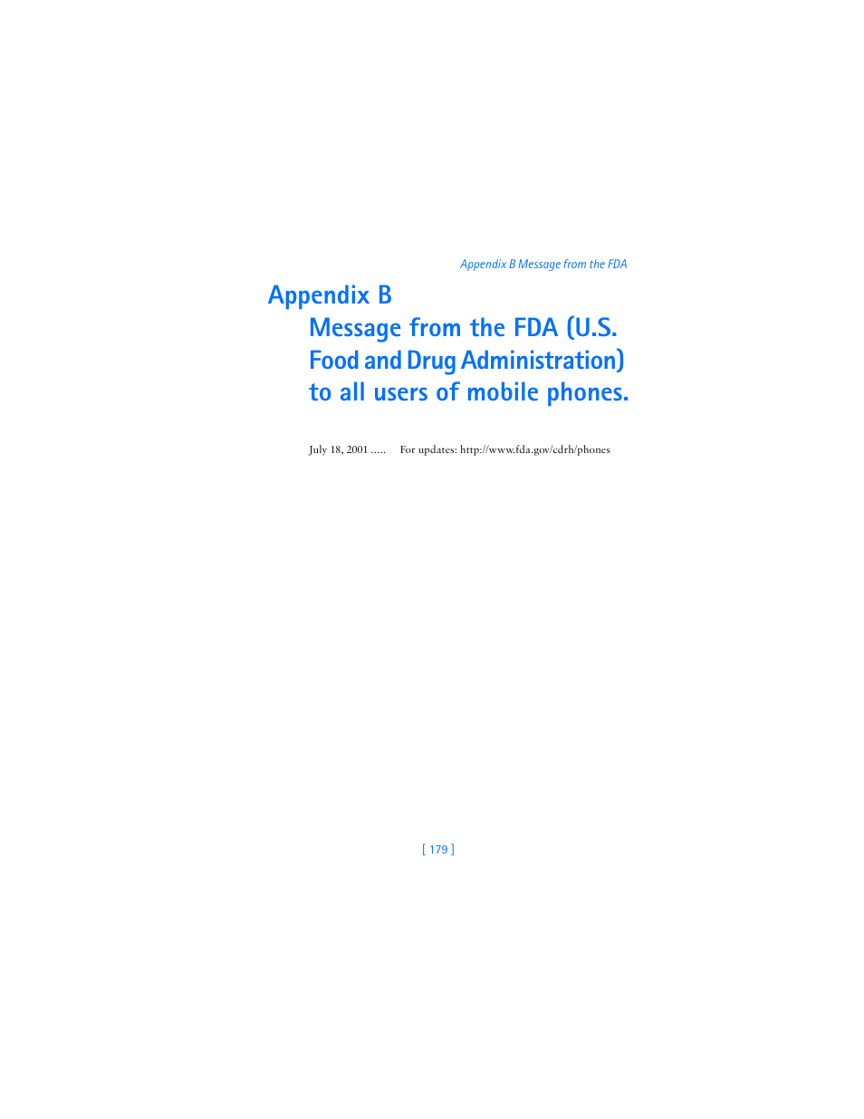 Appendix b, Appendix b message from the fda | Nokia 7250i User Manual | Page 190 / 201