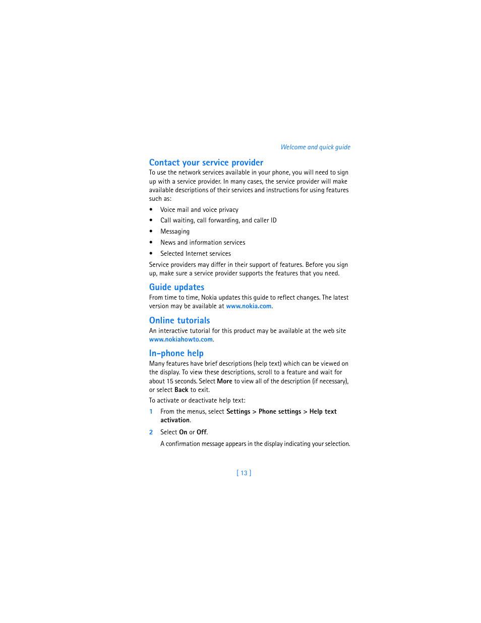 Contact your service provider, Guide updates, Online tutorials | In-phone help | Nokia 7250i User Manual | Page 24 / 201