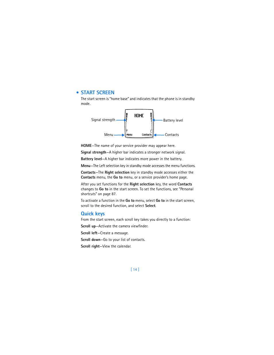 Start screen, Quick keys | Nokia 7250i User Manual | Page 25 / 201