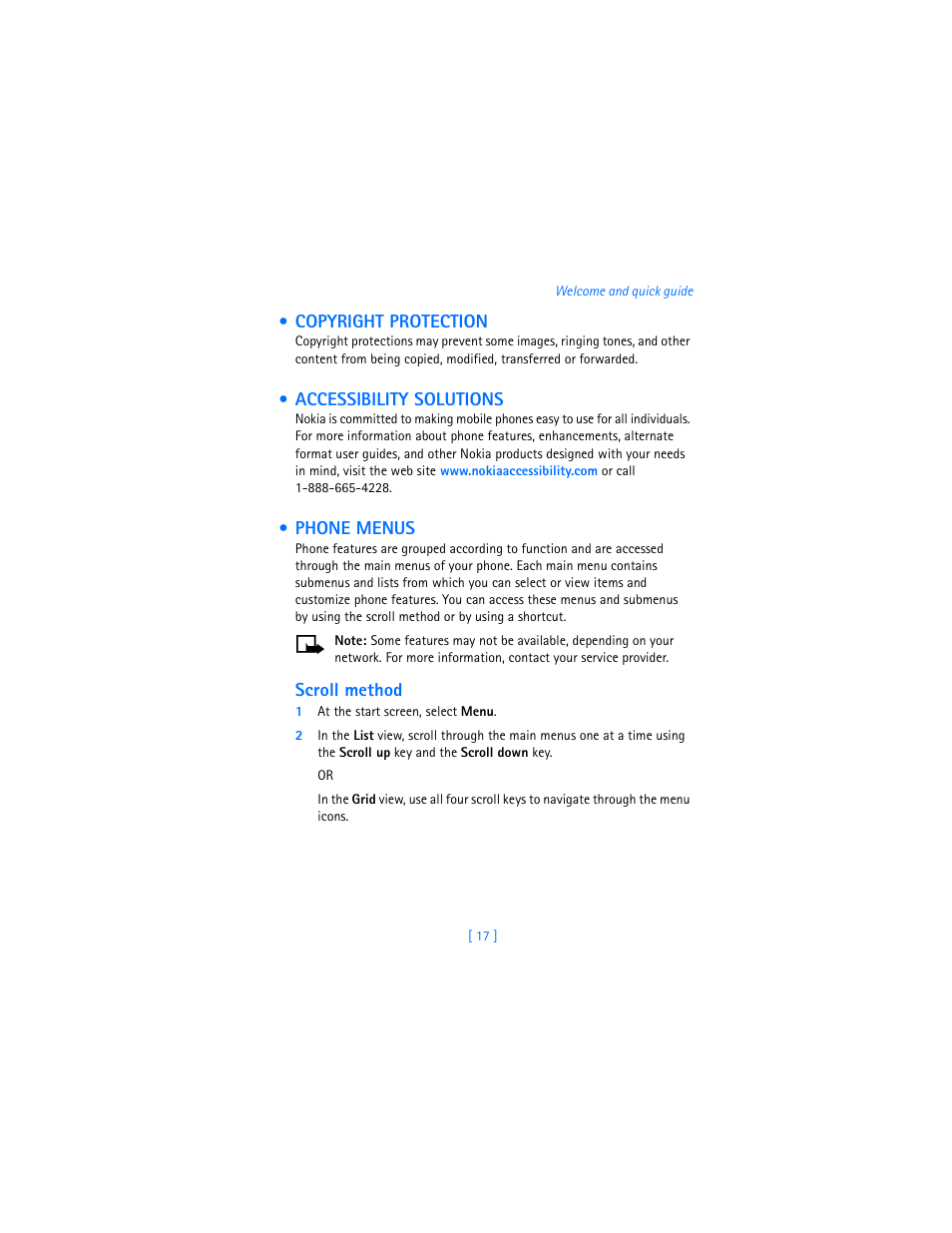 Copyright protection, Accessibility solutions, Phone menus | Nokia 7250i User Manual | Page 28 / 201