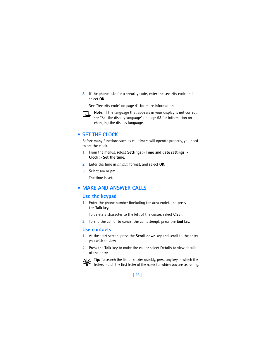 Set the clock, Make and answer calls, Set the clock make and answer calls | Nokia 7250i User Manual | Page 37 / 201