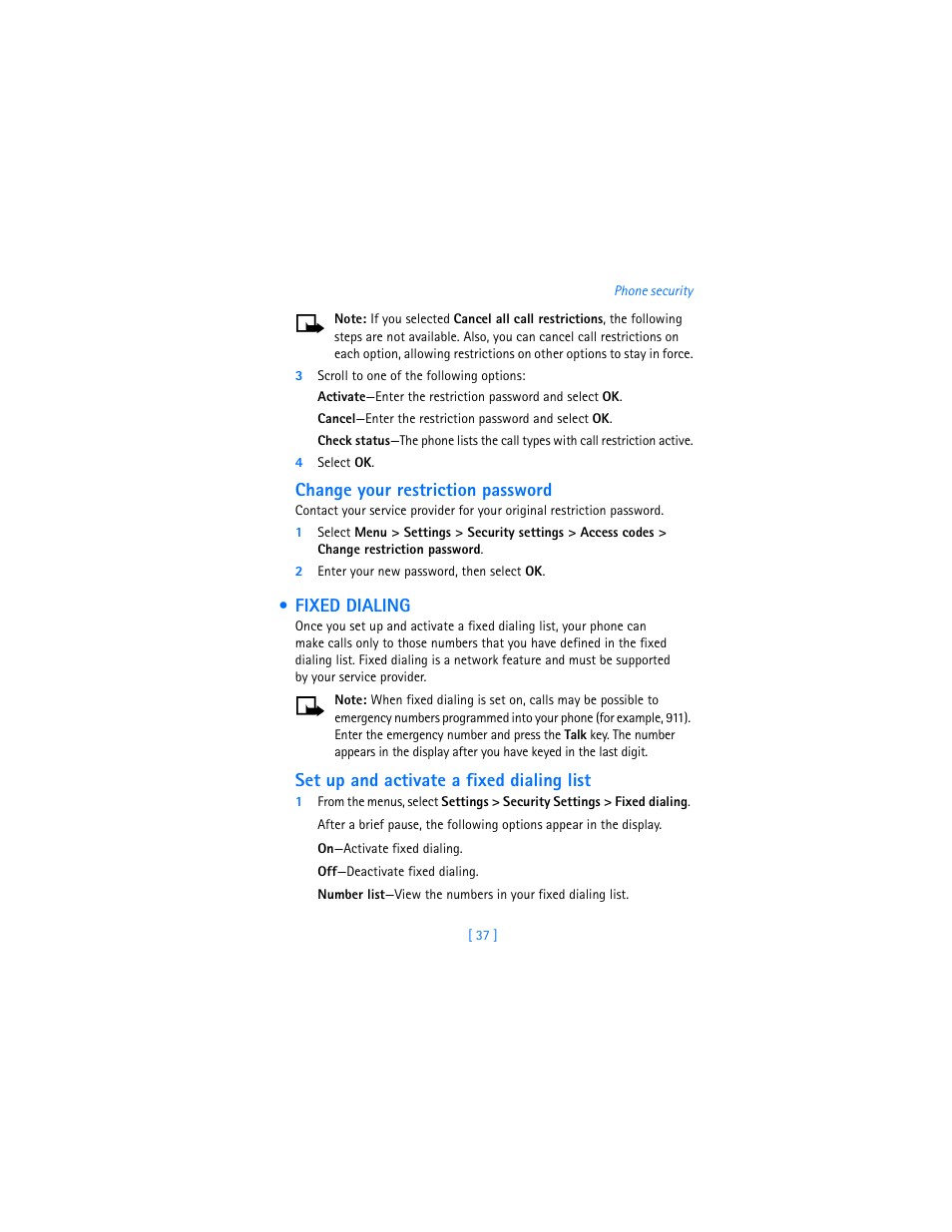 Fixed dialing, Change your restriction password, Set up and activate a fixed dialing list | Nokia 7250i User Manual | Page 48 / 201