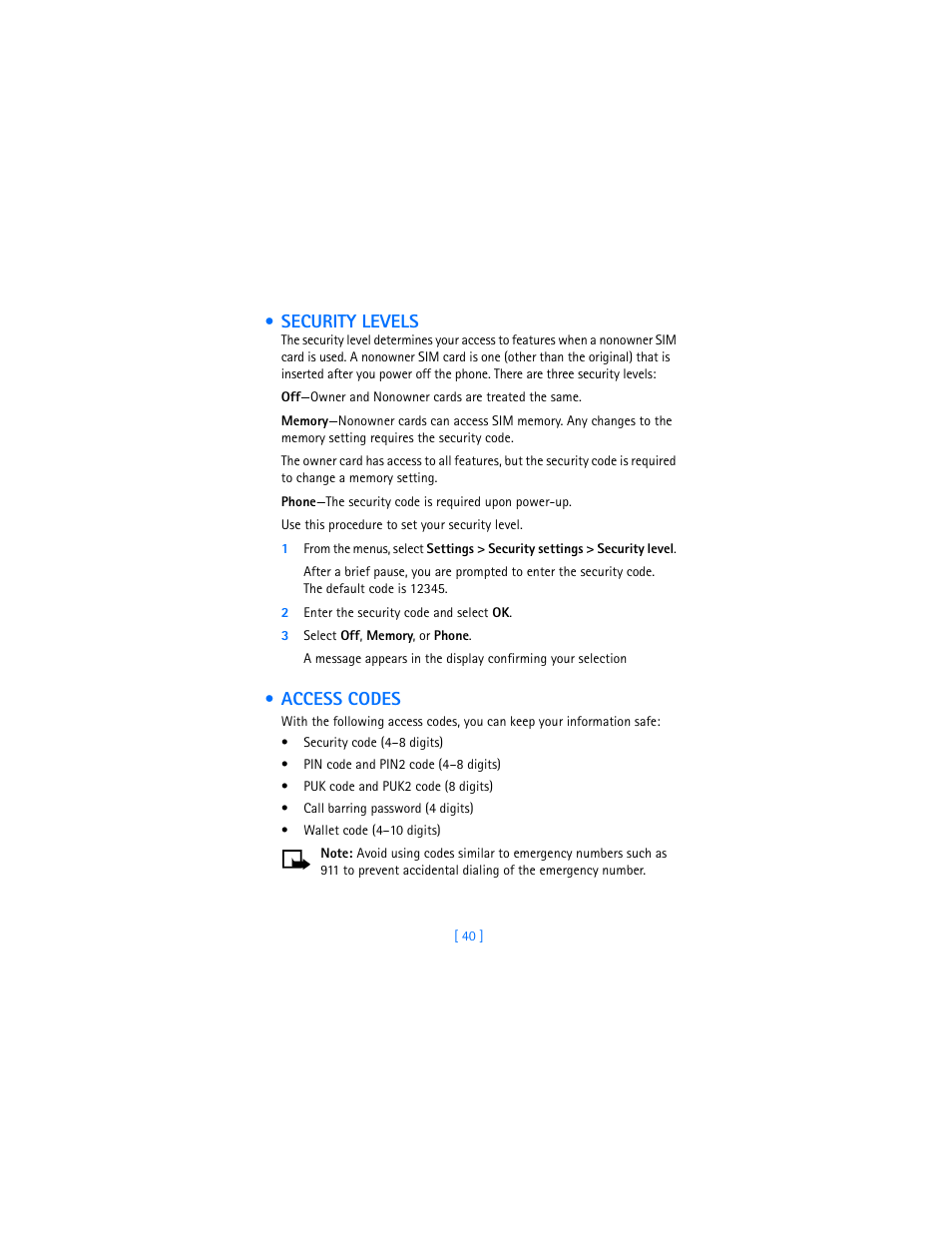 Security levels, Access codes, Security levels access codes | Nokia 7250i User Manual | Page 51 / 201