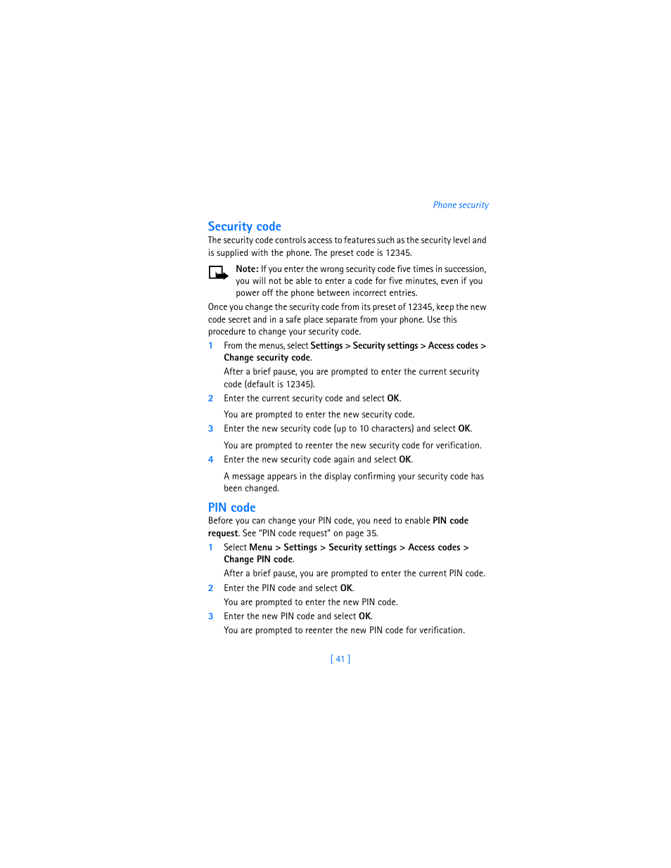 Security code, Pin code | Nokia 7250i User Manual | Page 52 / 201