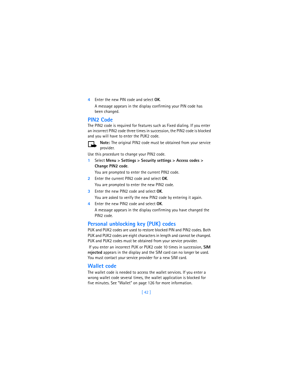 Pin2 code, Personal unblocking key (puk) codes, Wallet code | Nokia 7250i User Manual | Page 53 / 201