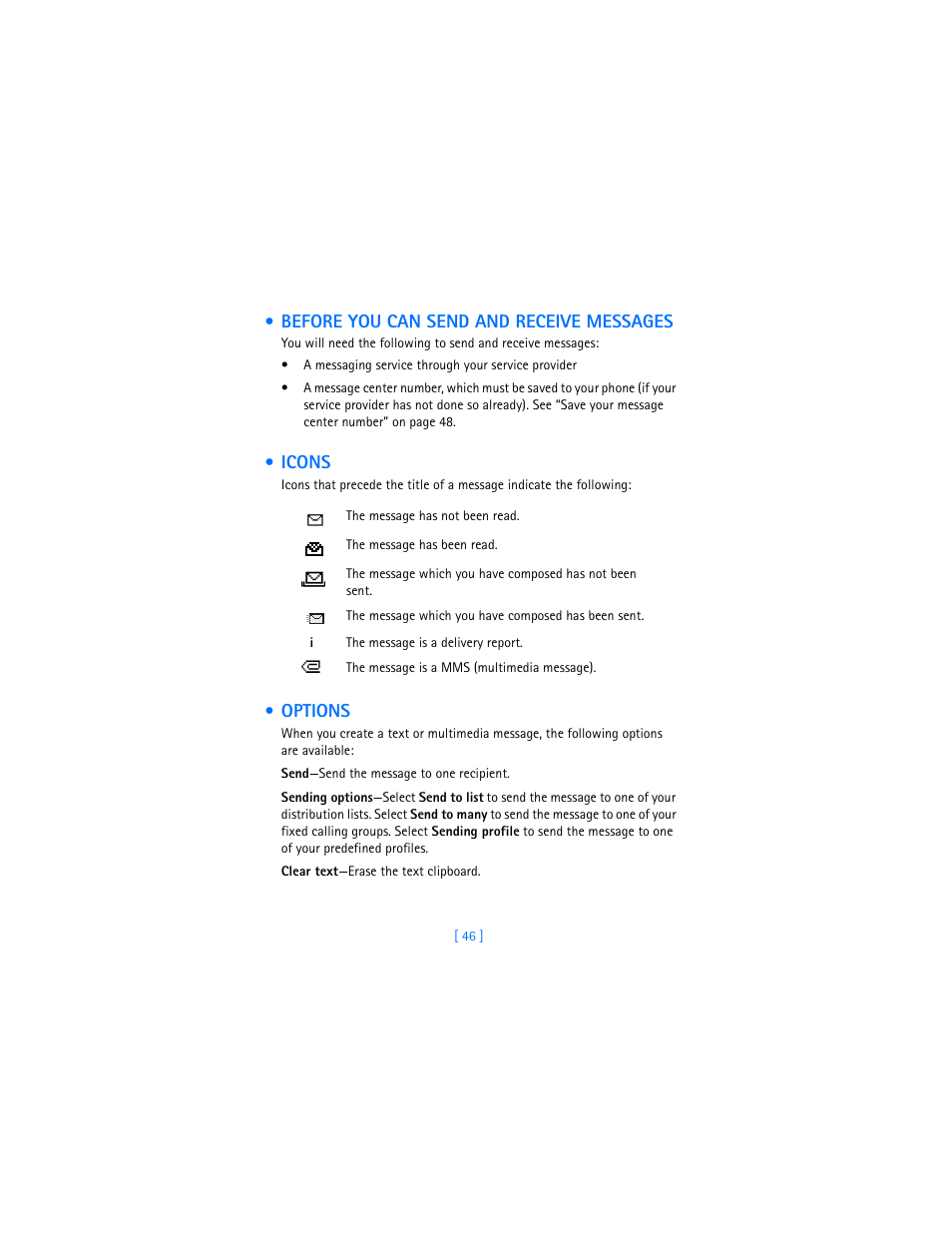 Before you can send and receive messages, Icons, Options | Nokia 7250i User Manual | Page 57 / 201