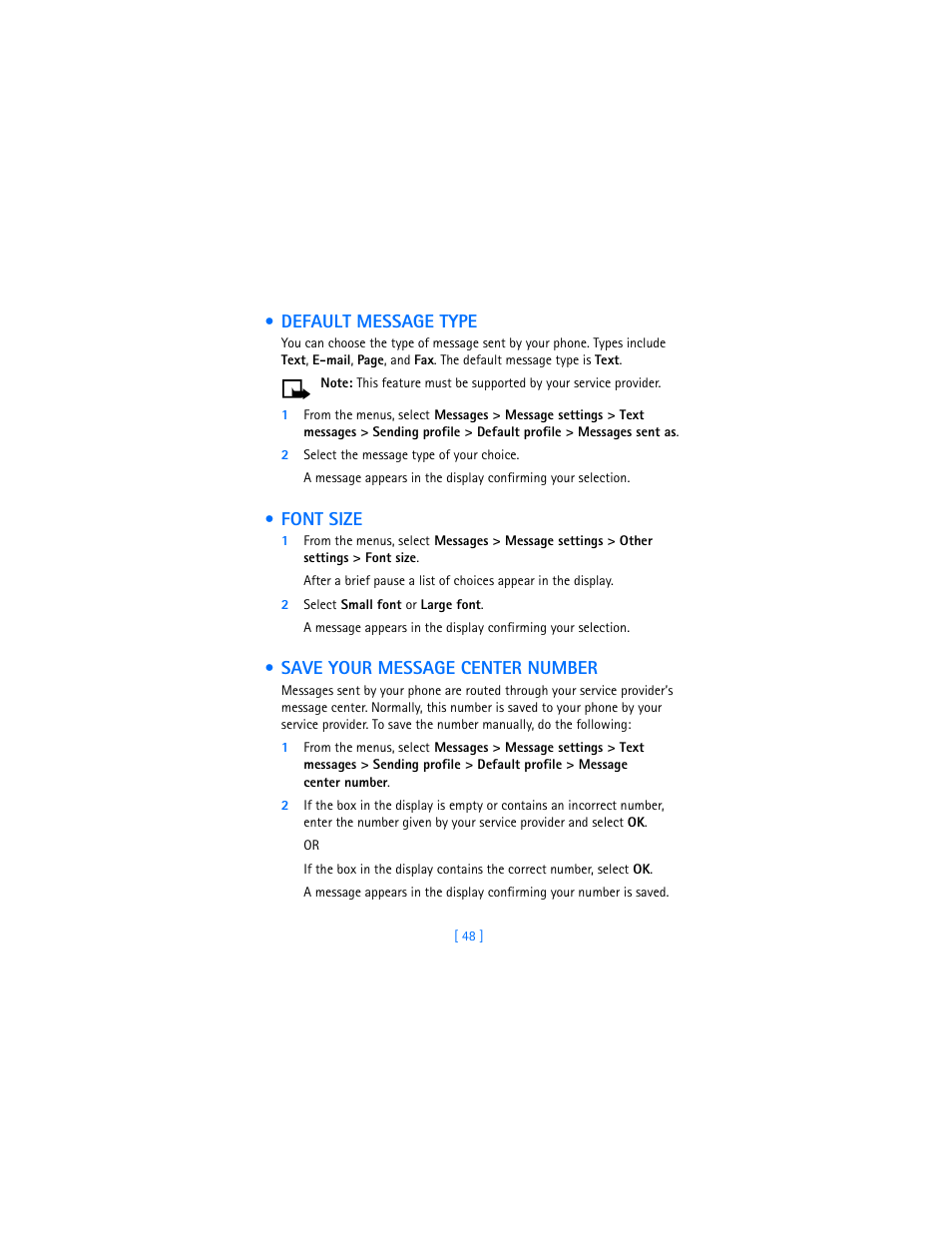 Default message type, Font size, Save your message center number | Nokia 7250i User Manual | Page 59 / 201