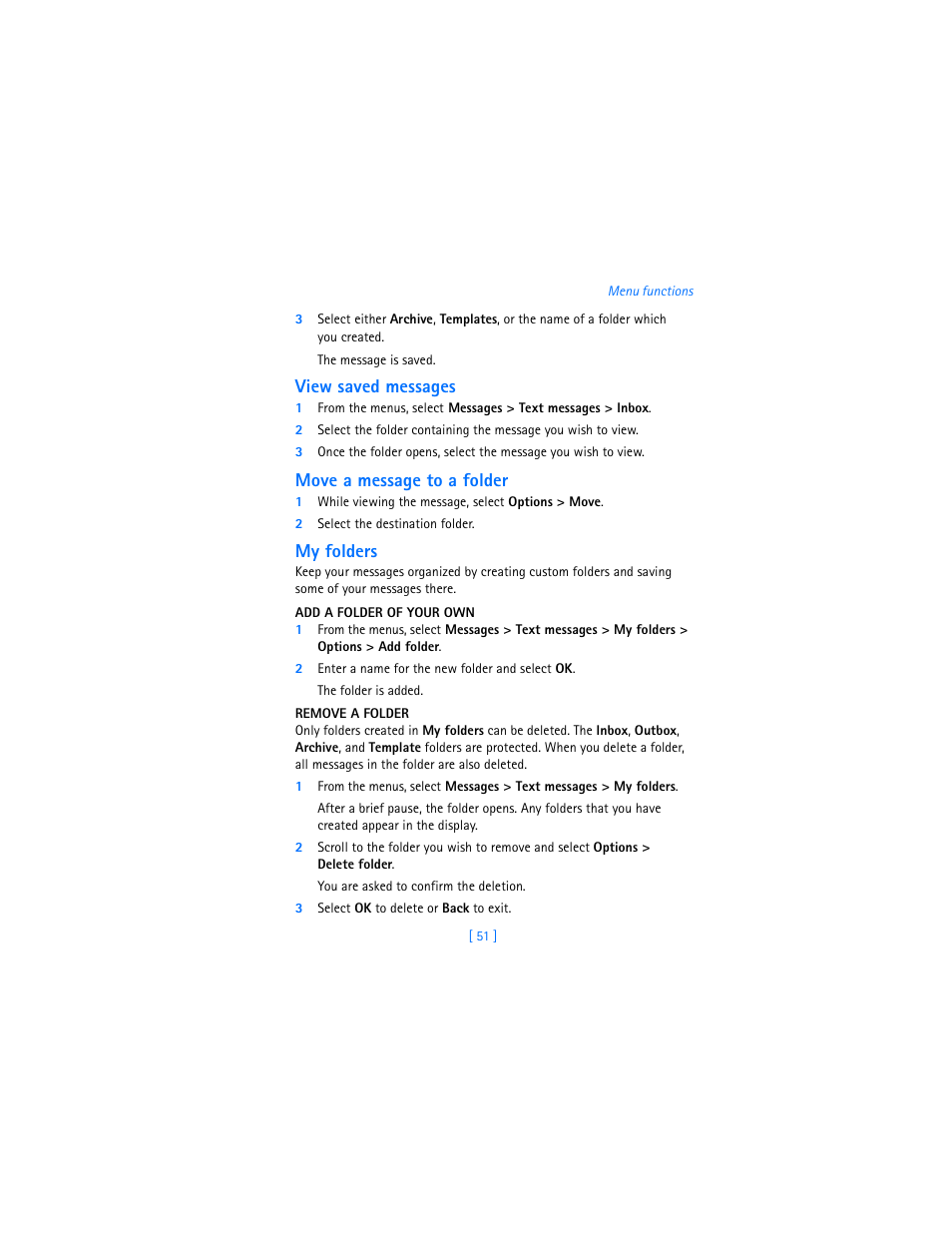 View saved messages, Move a message to a folder, My folders | Nokia 7250i User Manual | Page 62 / 201