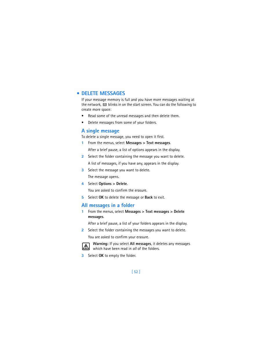 Delete messages, A single message, All messages in a folder | Nokia 7250i User Manual | Page 63 / 201