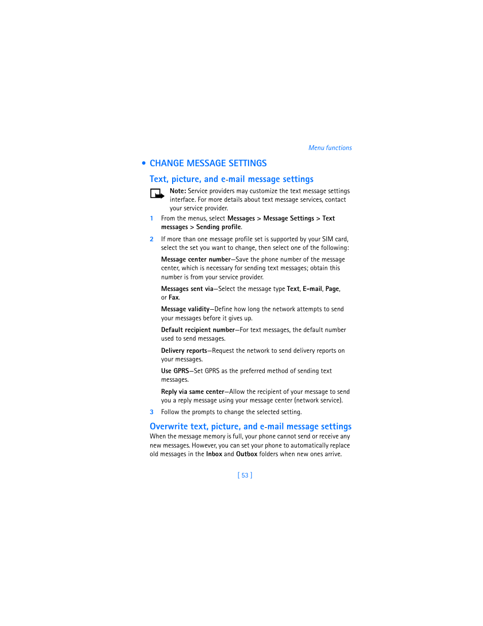 Change message settings | Nokia 7250i User Manual | Page 64 / 201