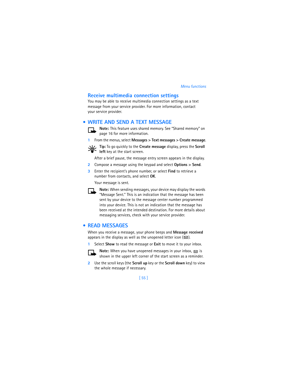 Write and send a text message, Read messages, Write and send a text message read messages | Receive multimedia connection settings | Nokia 7250i User Manual | Page 66 / 201