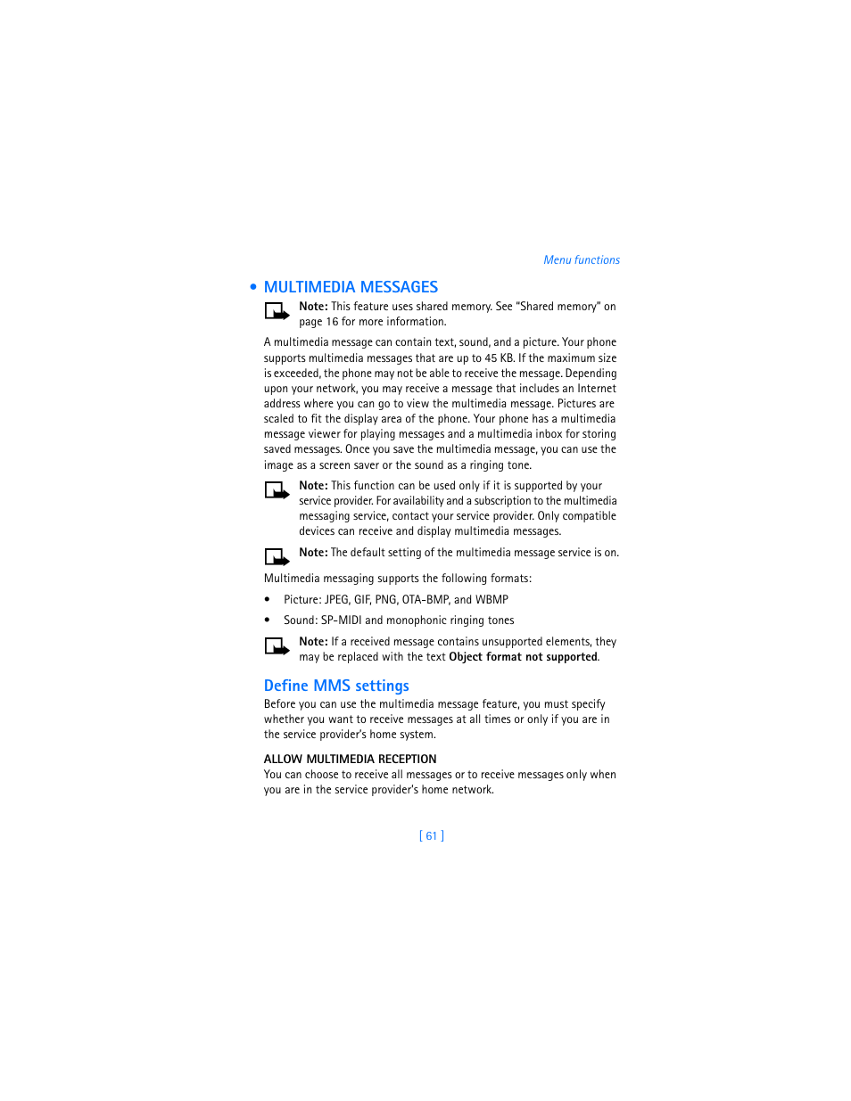 Multimedia messages, Define mms settings | Nokia 7250i User Manual | Page 72 / 201