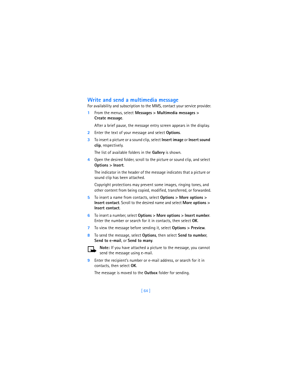 Write and send a multimedia message | Nokia 7250i User Manual | Page 75 / 201