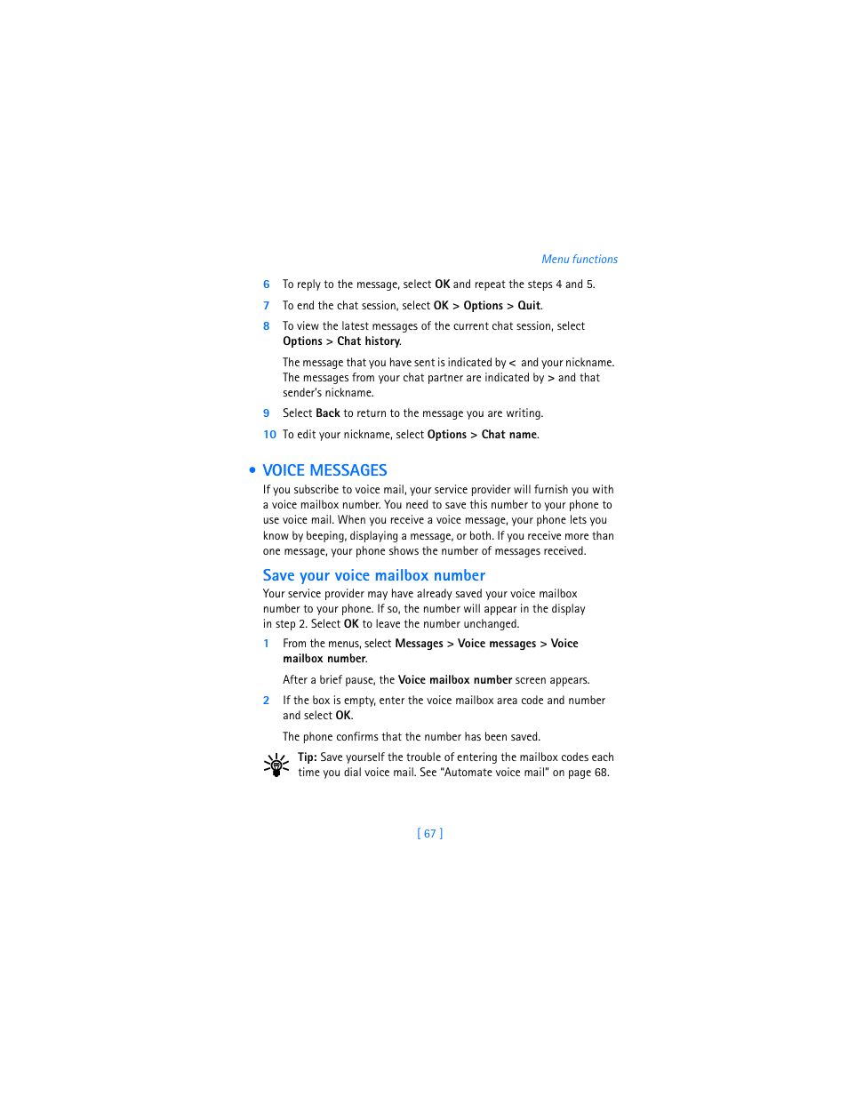 Voice messages, Save your voice mailbox number | Nokia 7250i User Manual | Page 78 / 201