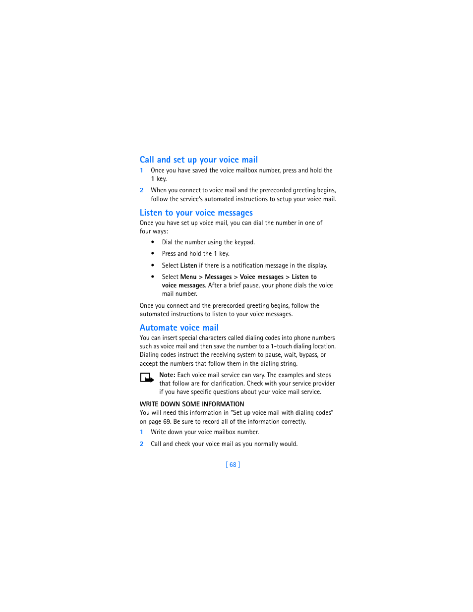 Call and set up your voice mail, Listen to your voice messages, Automate voice mail | Nokia 7250i User Manual | Page 79 / 201