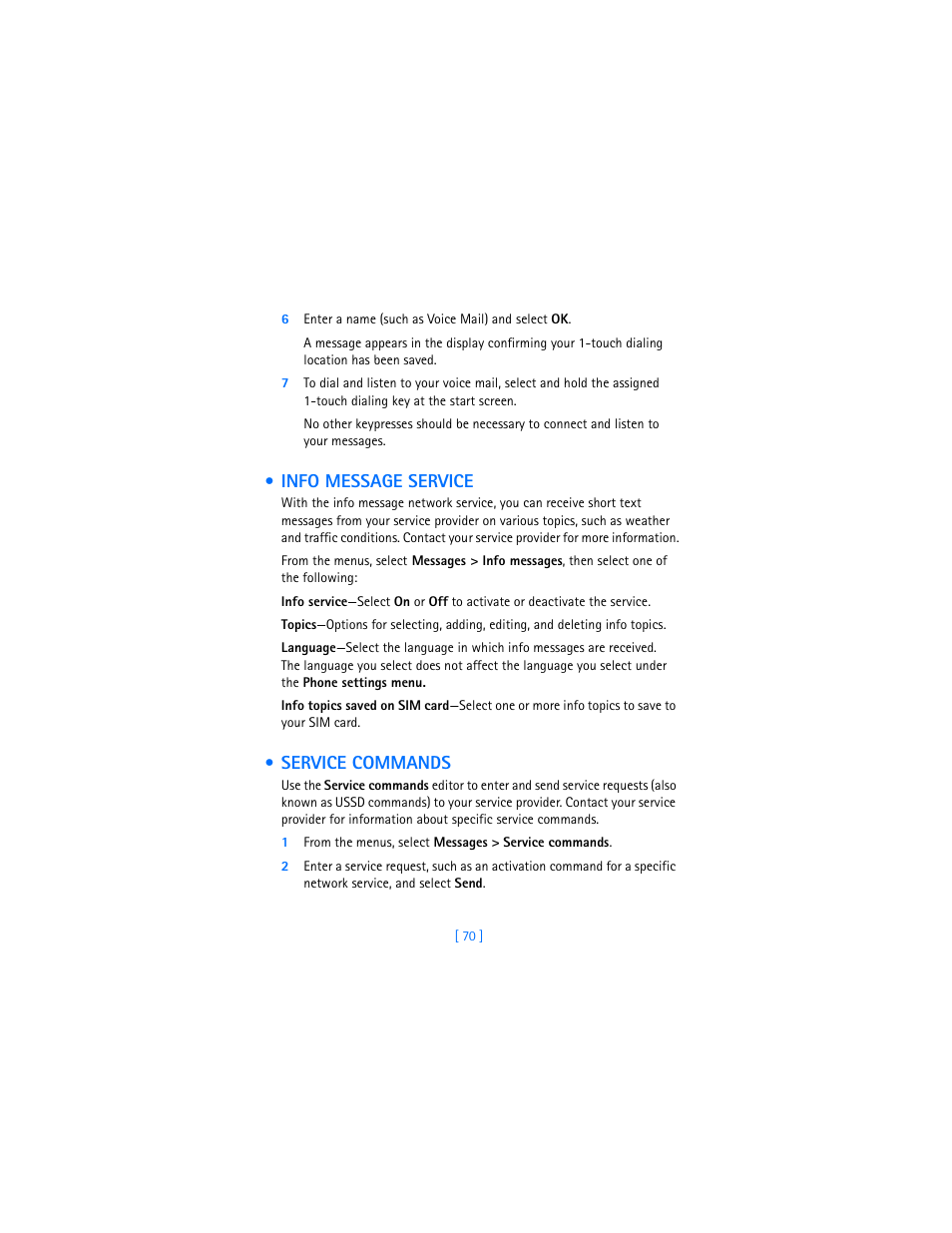Info message service, Service commands, Info message service service commands | Nokia 7250i User Manual | Page 81 / 201
