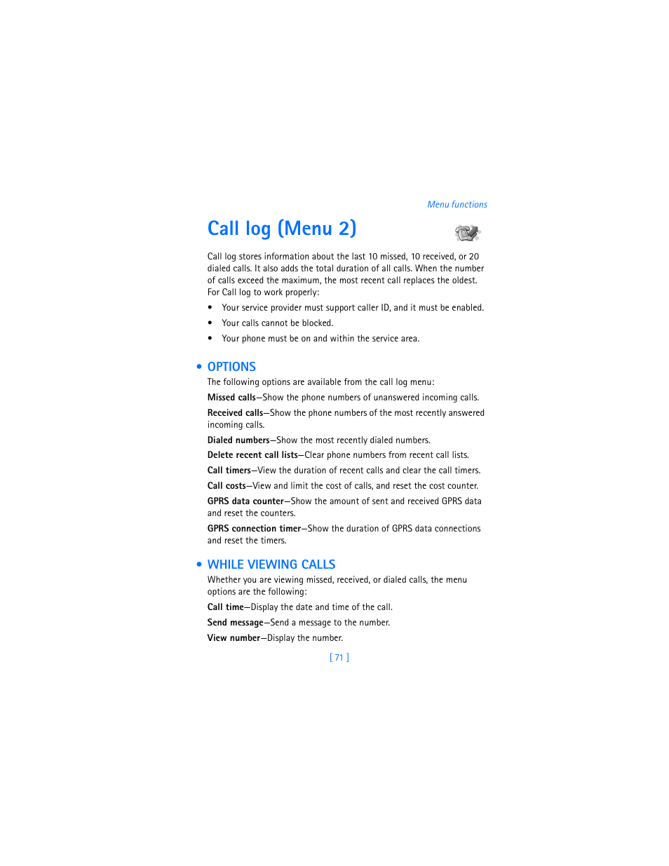Call log (menu 2), Options, While viewing calls | Options while viewing calls | Nokia 7250i User Manual | Page 82 / 201