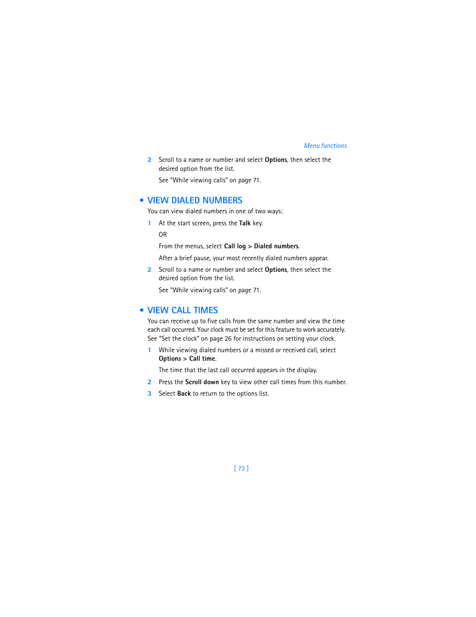 View dialed numbers, View call times, View dialed numbers view call times | Nokia 7250i User Manual | Page 84 / 201