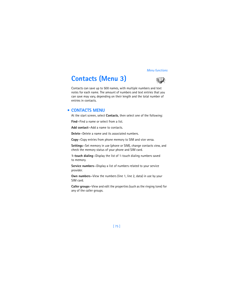 Contacts (menu 3), Contacts menu | Nokia 7250i User Manual | Page 86 / 201