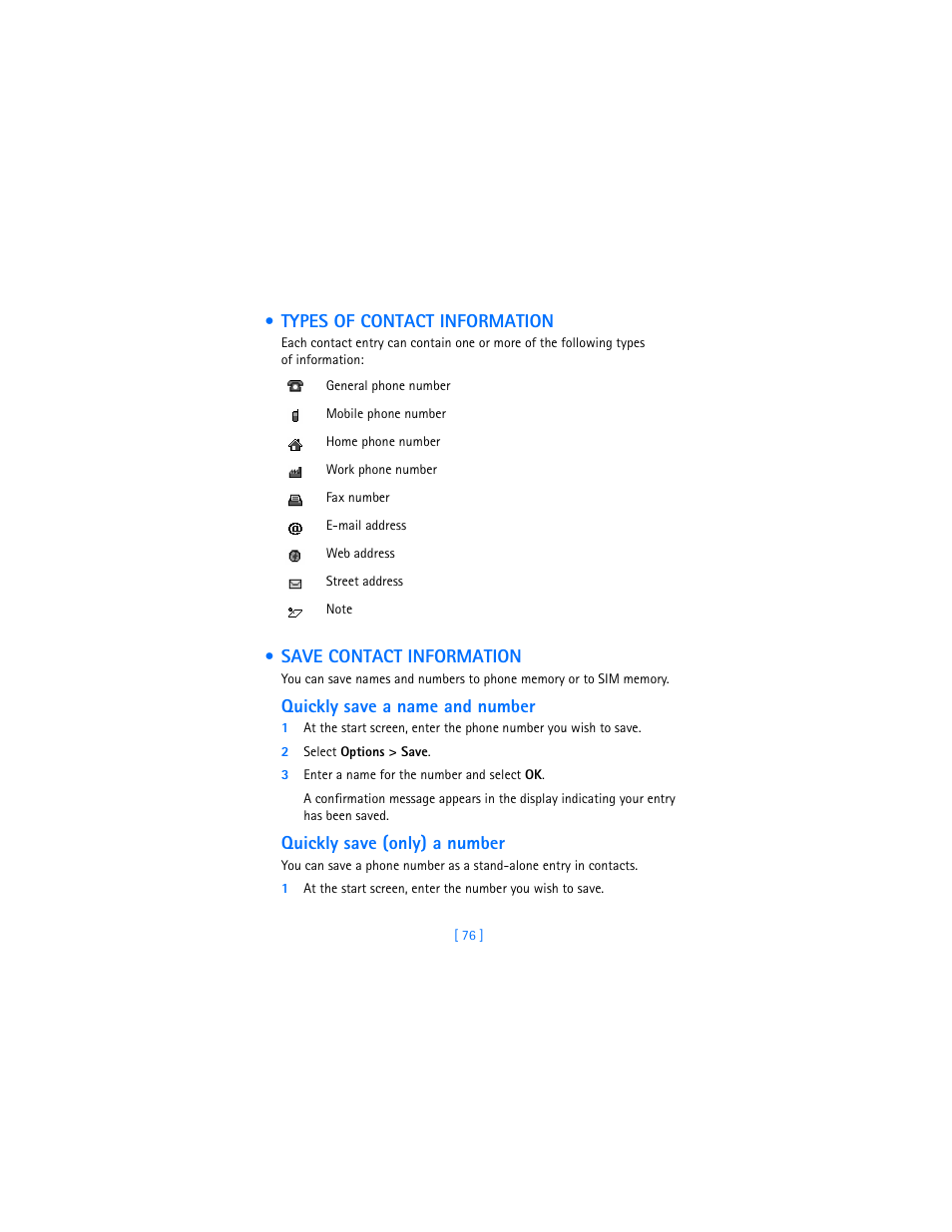 Types of contact information, Save contact information | Nokia 7250i User Manual | Page 87 / 201