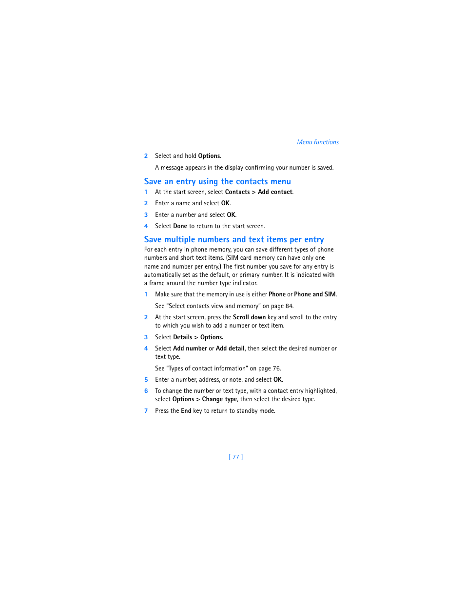 Save an entry using the contacts menu, Save multiple numbers and text items per entry | Nokia 7250i User Manual | Page 88 / 201