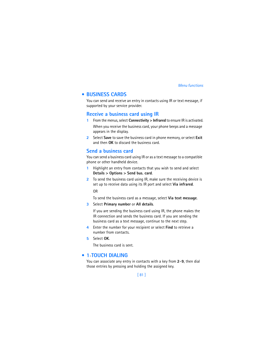 Business cards, Touch dialing, Business cards 1-touch dialing | Nokia 7250i User Manual | Page 92 / 201