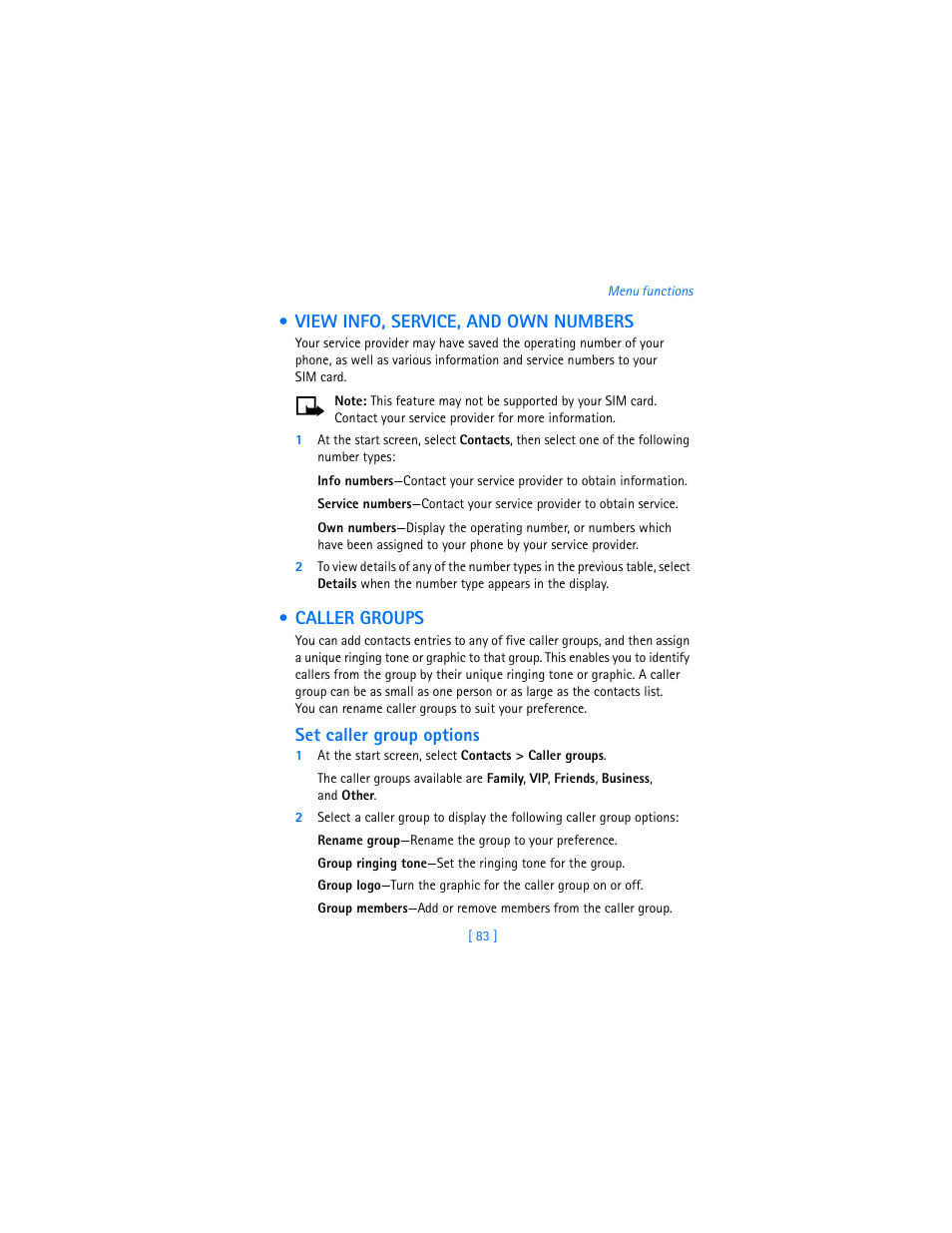 View info, service, and own numbers, Caller groups, View info, service, and own numbers caller groups | Set caller group options | Nokia 7250i User Manual | Page 94 / 201