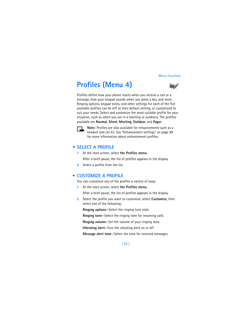 Profiles (menu 4), Select a profile, Customize a profile | Select a profile customize a profile | Nokia 7250i User Manual | Page 96 / 201